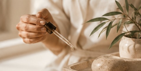 Hands holding a serum dropper beside a potted olive plant